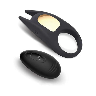 Black Adam & Eve Lucas II rechargeable vibrating couples stimulator with remote control on white background.