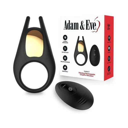 Black Adam & Eve Lucas II rechargeable vibrating couples stimulator with remote and packaging box.