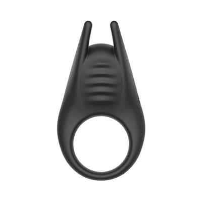 Black silicone vibrating couples stimulator ring with textured surface and dual prongs.