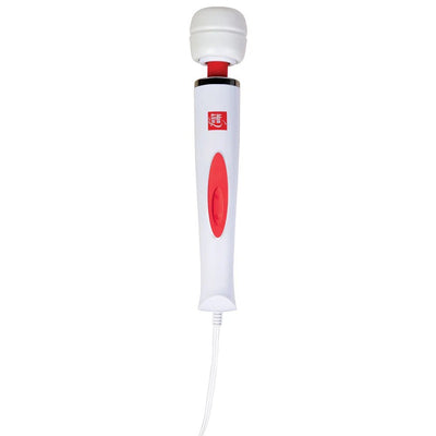 White and red Adam & Eve Magic Massager Deluxe with flexible head and attached power cord on white background.
