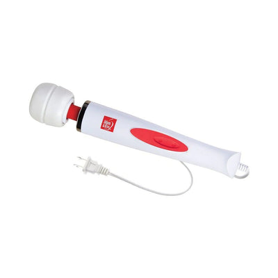 Adam & Eve Magic Massager Deluxe white and red electric wand with flexible head and power cord on white background