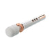White and rose gold rechargeable wand massager with flexible head and control buttons on handle.