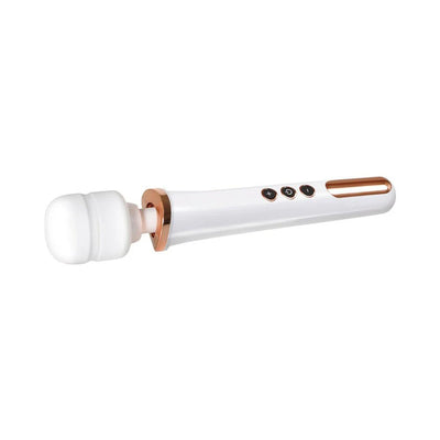 White and rose gold rechargeable wand massager with flexible head and control buttons on handle.