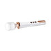 White and rose gold rechargeable wand massager with flexible head and control buttons on handle.