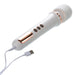 White and rose gold rechargeable wand massager with flexible head and USB charging cable attached.