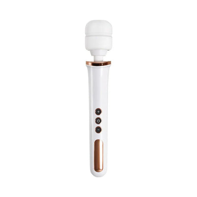 White and rose gold rechargeable wand massager with flexible head and control buttons on handle.