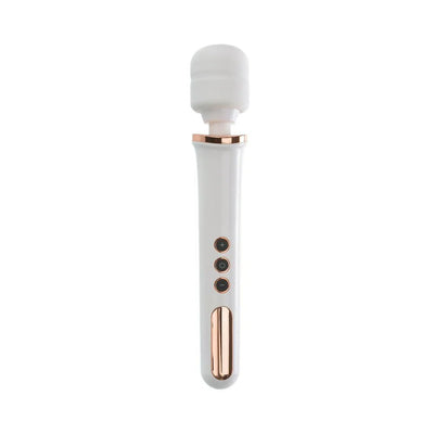 White and rose gold rechargeable wand massager with flexible head and three control buttons on handle.