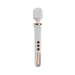 White and rose gold rechargeable wand massager with flexible head and three control buttons on handle.