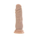 Compact flesh-toned silicone dildo with realistic texture and suction cup base for hands-free use.