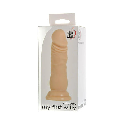 Adam & Eve My First Willy Silicone dildo in beige with suction base shown in retail packaging.