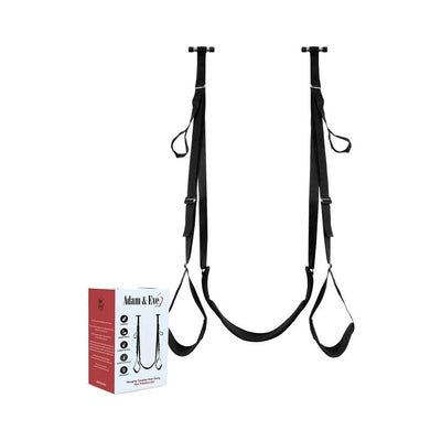 Adam & Eve Naughty Couples Door Swing with adjustable black straps and padded stirrups, shown with product packaging.