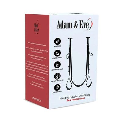 Adam & Eve Naughty Couples Door Swing packaging showing adjustable, portable sex position aid with stirrups and hand loops.