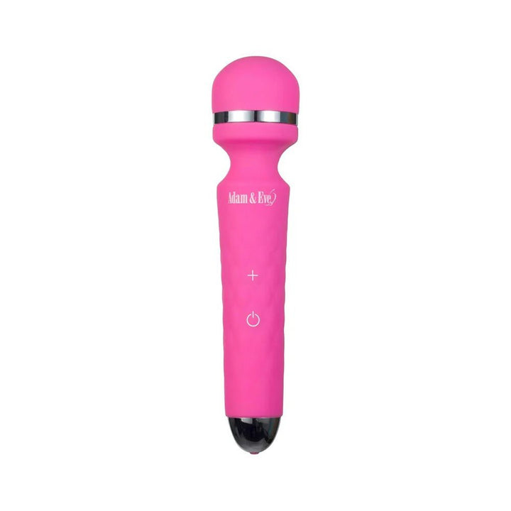 Pink Adam & Eve Peak Wand Massager with flexible head and control buttons on handle against white background.