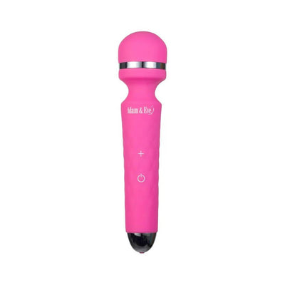 Pink Adam & Eve Peak Wand Massager with flexible head and control buttons on handle against white background.