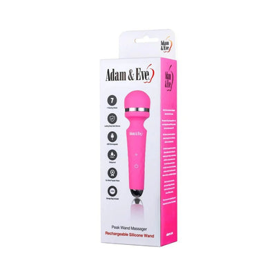 Packaging of Adam & Eve Peak Wand Massager in pink with icons highlighting 7 vibration modes, waterproof, rechargeable, and included storage bag.