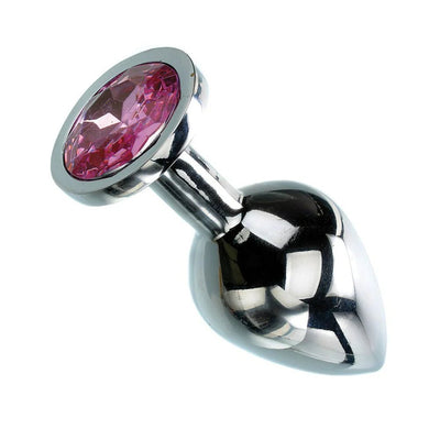 Medium-sized polished metal anal plug with a pink gem base, featuring a tapered tip and flared base for comfort and safety.