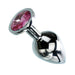 Medium-sized polished metal anal plug with a pink gem base, featuring a tapered tip and flared base for comfort and safety.