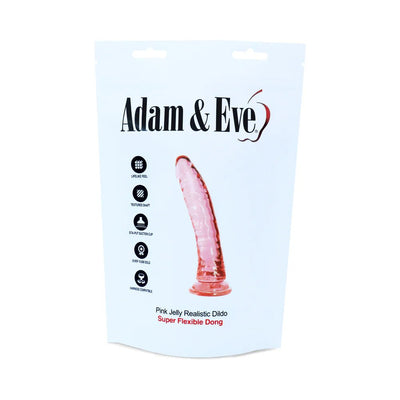 Packaging of Adam & Eve Pink Jelly Realistic Dildo featuring product image and key features like lifelike feel and suction cup base.