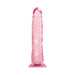 Pink jelly realistic dildo with textured veins and suction cup base, standing upright on a white background.
