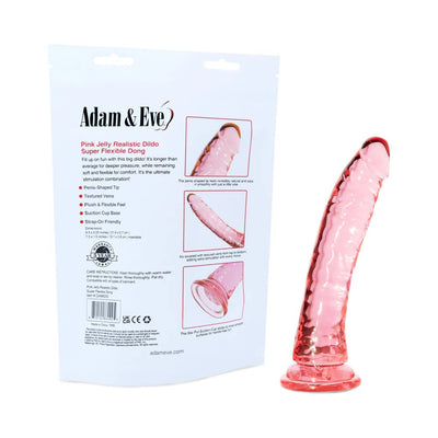 Adam & Eve Pink Jelly Realistic Dildo with textured veins and suction cup base shown next to its packaging.