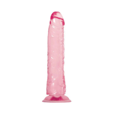 Pink translucent realistic dildo with textured veins and suction cup base standing upright on white background