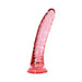 Pink jelly realistic dildo with textured veins and suction cup base on a white background.