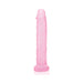 Slim pink translucent dildo with realistic texture and tapered tip on white background.