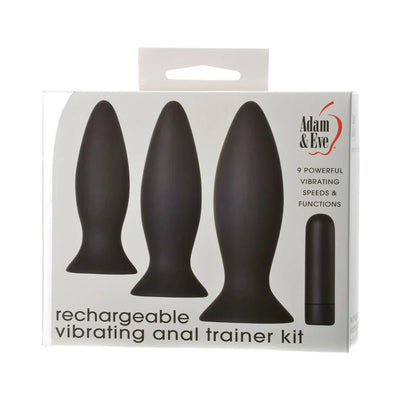 Adam & Eve Rechargeable Vibrating Anal Trainer Kit with three black silicone plugs and a vibrating bullet shown on white packaging.