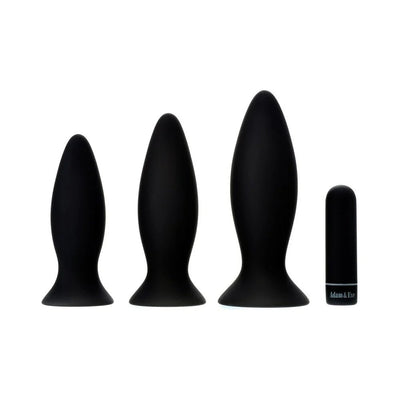 Set of three black silicone anal plugs in small, medium, and large sizes with a compact black vibrating bullet.