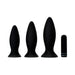 Set of three black silicone anal plugs in small, medium, and large sizes with a compact black vibrating bullet.