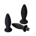 Set of three black silicone anal plugs in varying sizes with one featuring a removable vibrating bullet.