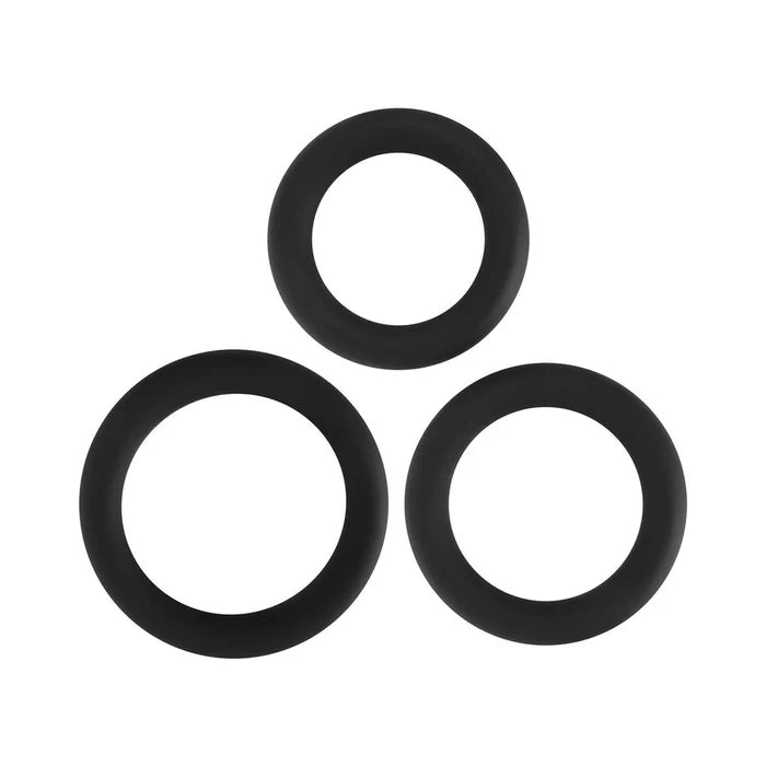 Set of three black silicone rings in varying sizes arranged on a white background.