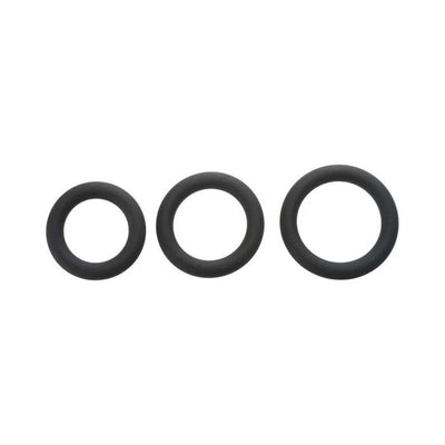 Set of three black silicone penis rings in small, medium, and large sizes for customizable support and comfort.