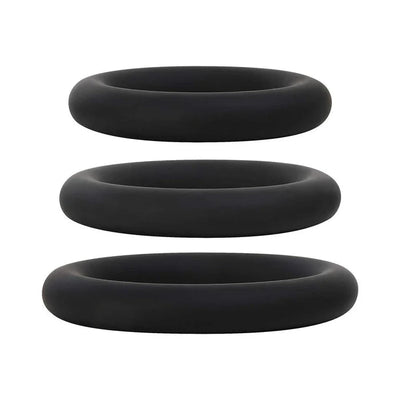 Set of three black silicone rings in varying sizes, designed for comfortable and supportive wear.