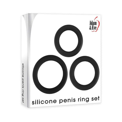 Packaging of Adam & Eve Silicone Penis Ring Set featuring three black silicone rings in varying sizes on a white background.