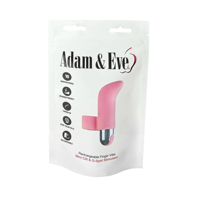 Packaging of Adam & Eve Silicone Rechargeable Finger Vibe in white pouch with product image and key features listed.