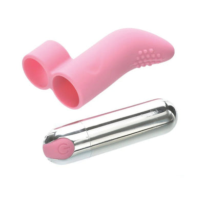 Pink silicone finger sleeve with textured tip and silver rechargeable bullet vibrator with pink power button.