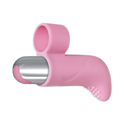 Pink silicone finger sleeve with a curved tip and textured nubs, featuring a removable silver bullet vibrator.