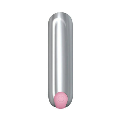 Compact silver bullet vibrator with a pink power button, designed for versatile and discreet pleasure.