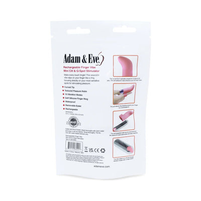 Back packaging of Adam & Eve Silicone Rechargeable Finger Vibe showing product features and usage instructions.