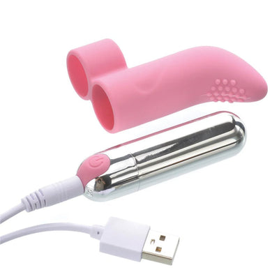 Pink silicone finger sleeve with textured tip and silver rechargeable bullet vibrator with USB charging cable.