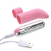 Pink silicone finger sleeve with textured tip and silver rechargeable bullet vibrator with USB charging cable.
