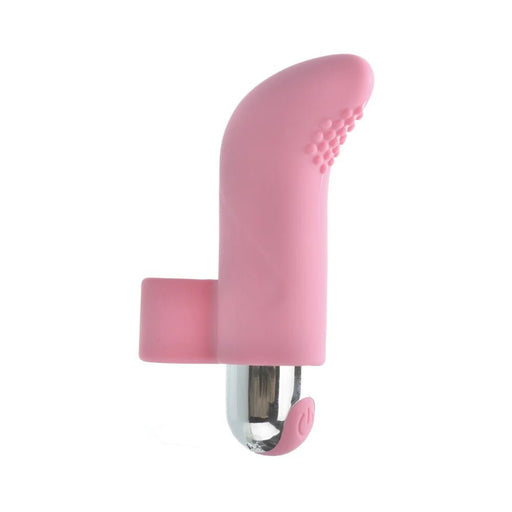 Pink silicone rechargeable finger vibrator with textured curved tip and silver bullet base on white background.