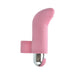 Pink silicone rechargeable finger vibrator with textured curved tip and silver bullet base on white background.