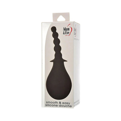 Adam & Eve Smooth & Easy Silicone Douche in black with ergonomic bulb and textured nozzle in retail packaging
