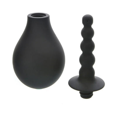 Adam & Eve Smooth & Easy Silicone Douche with textured nozzle and bulb syringe in black silicone