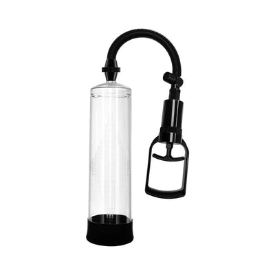 Clear cylinder penis pump with black ergonomic hand pump and flexible hose for easy use.