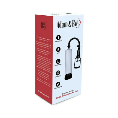 Packaging box for Adam & Eve Starter Pump male enhancement tool with product image and key features listed.