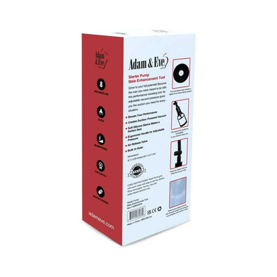 Packaging box of Adam & Eve Starter Pump male enhancement tool with product features and instructions.
