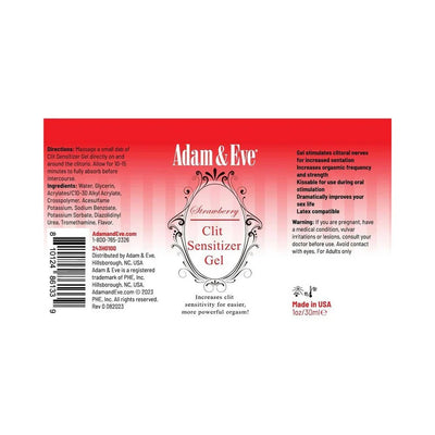 Adam & Eve Strawberry Clit Sensitizer Gel label with usage directions, ingredients, benefits, and product details on a red gradient background.